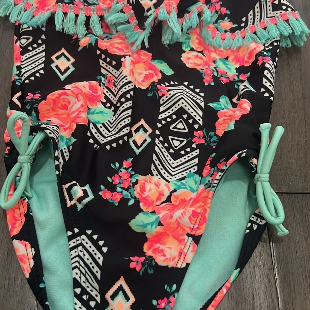 Toddler girl fluorescent like color fringe top swimsuit